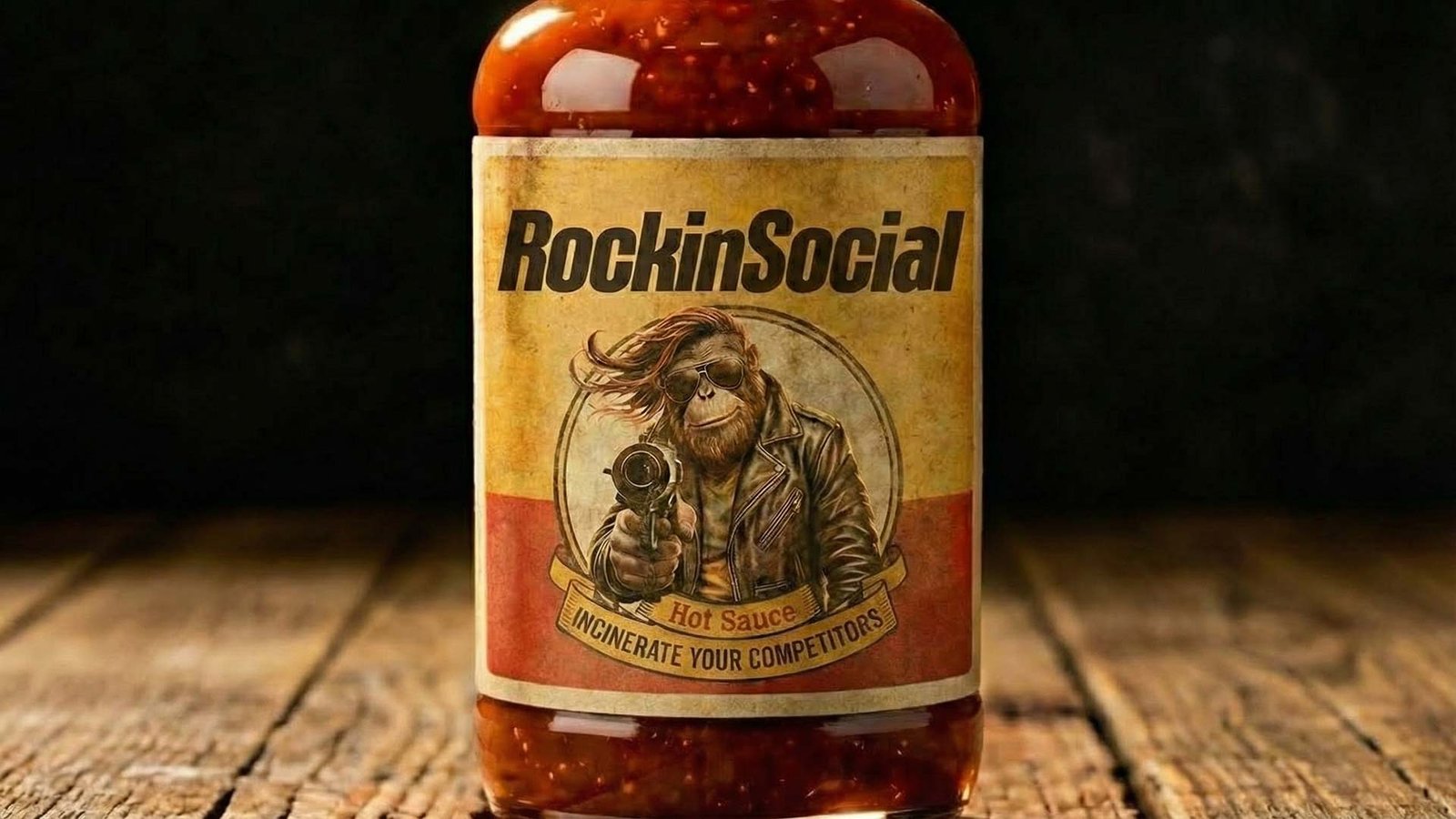 Mock RockinSocial branded hot sauce bottle labelled Incinerate your competitors
