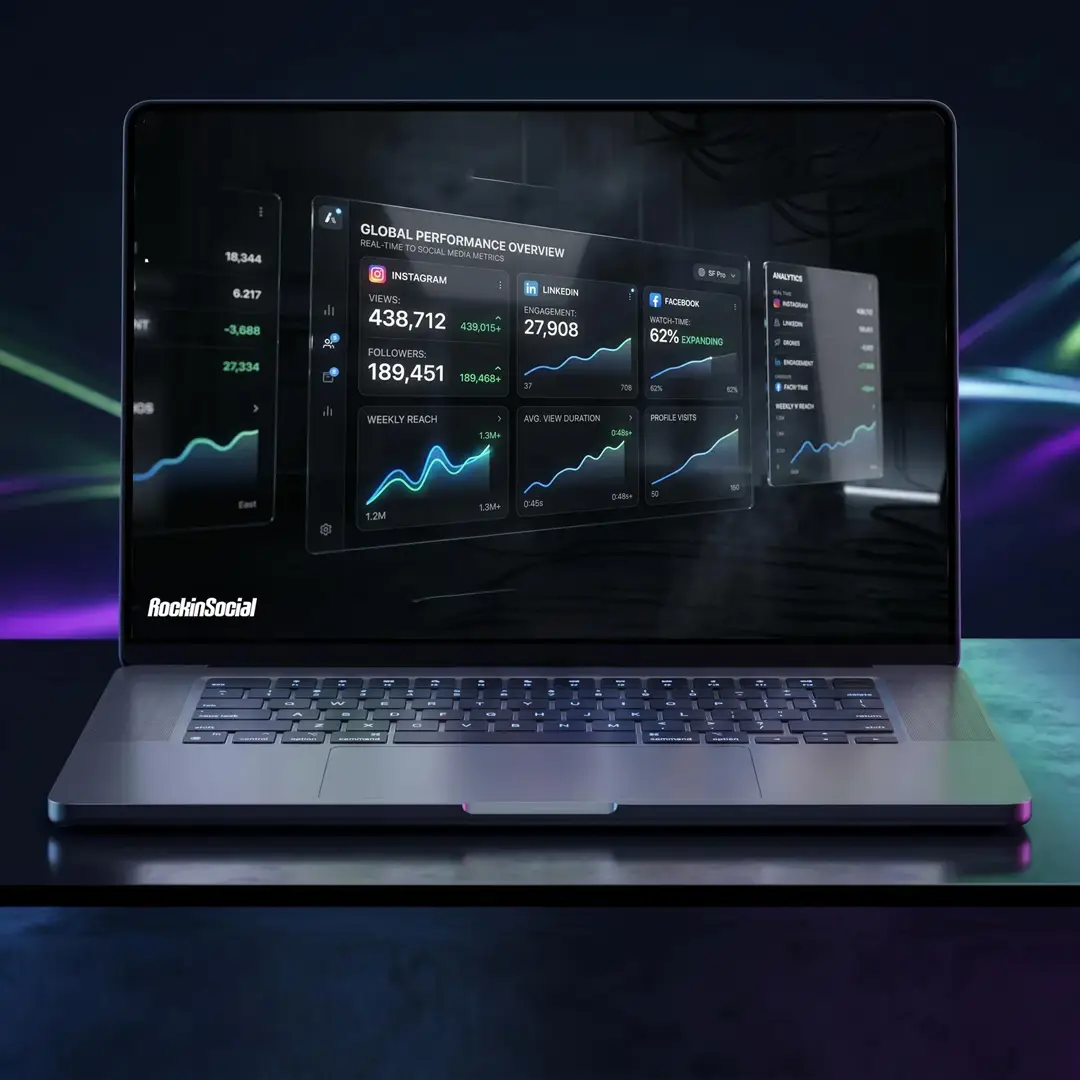Laptop displaying the RockinSocial analytics dashboard with social media performance metrics