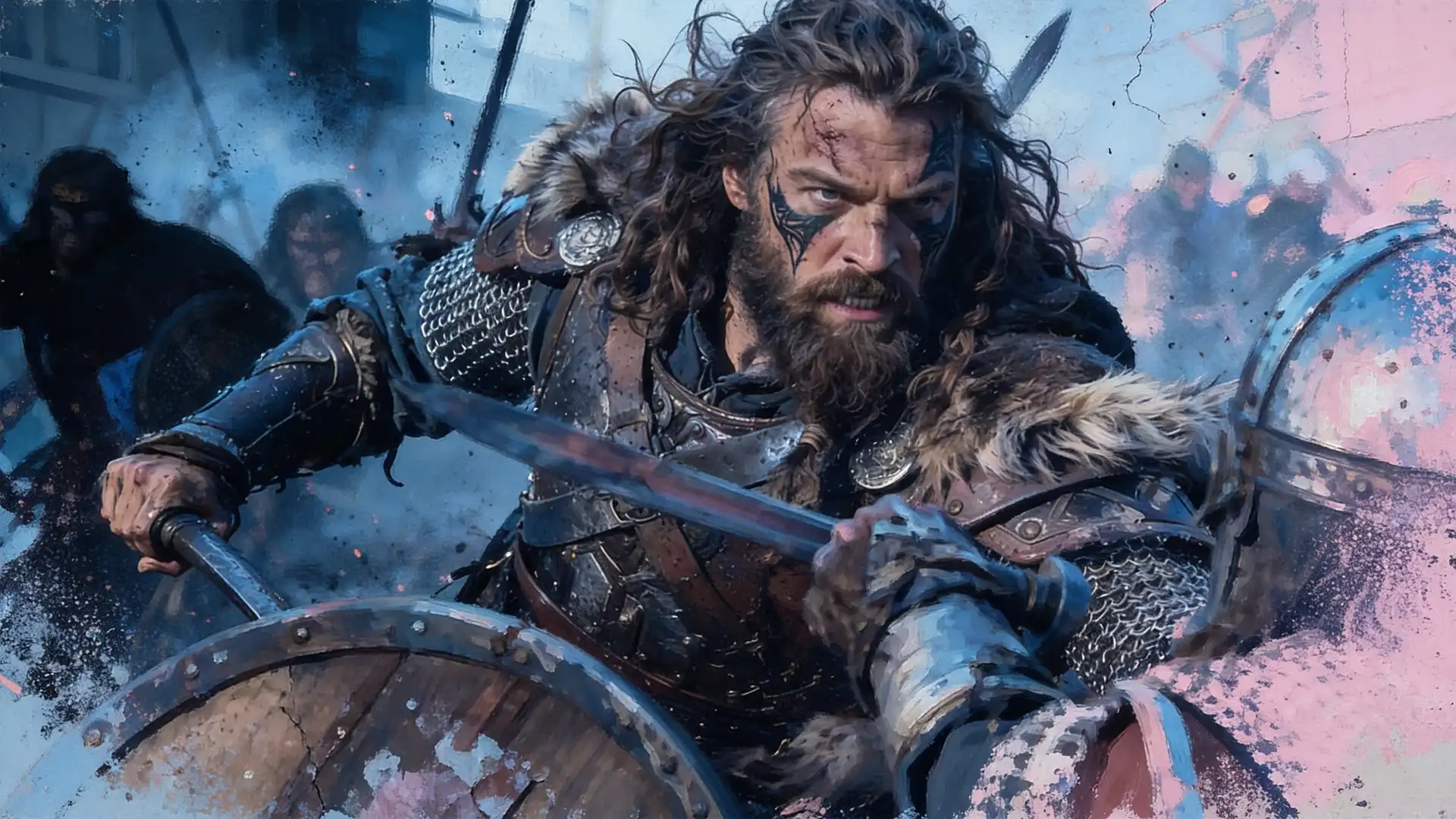 Cinematic AI-generated Viking warrior in battle armour holding a sword and shield