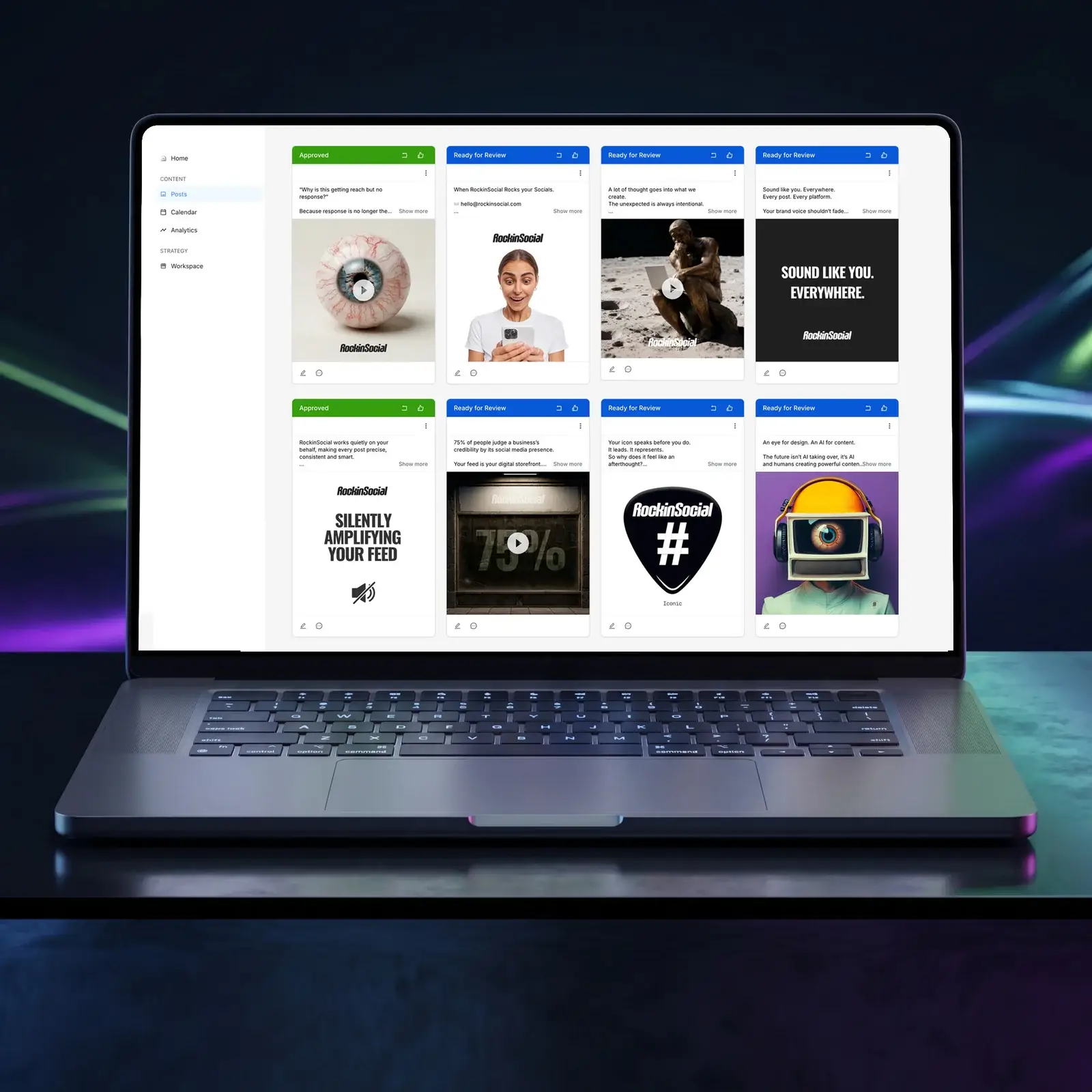 Laptop showing the RockinSocial client approval portal with a grid of social media post drafts