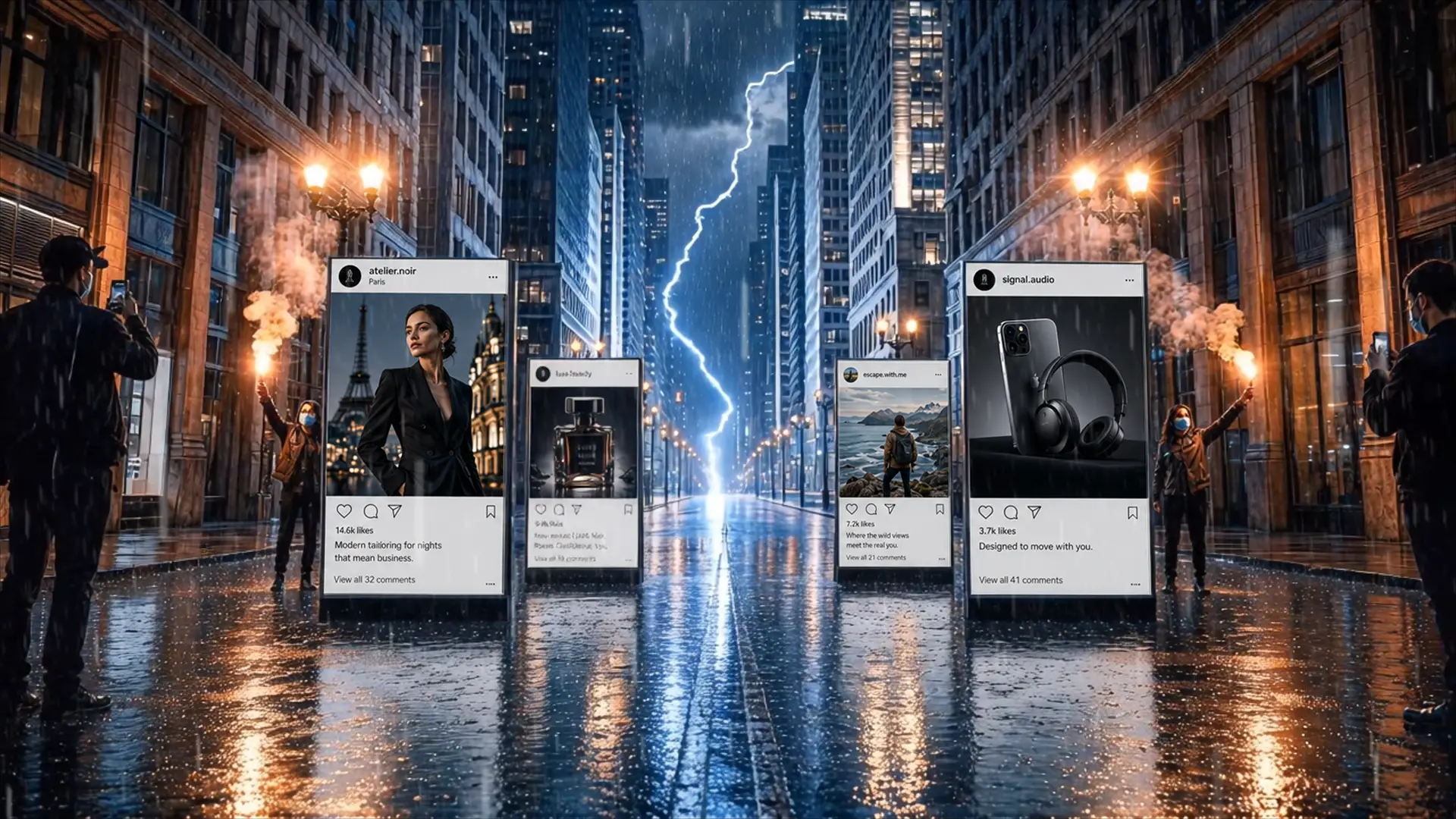 Rain-soaked city street at night lit by lightning, flanked by giant glowing Instagram post billboards and people holding flares