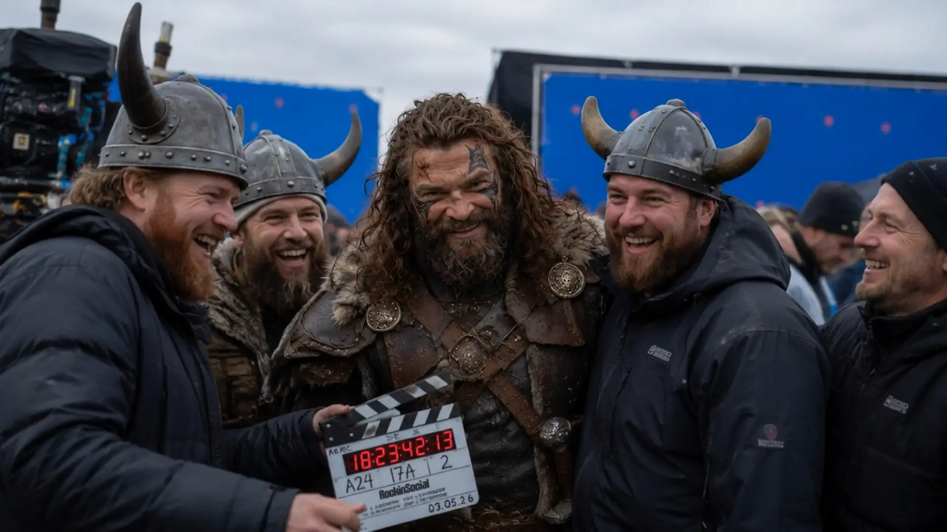 Film crew and a costumed Viking character posing with a clapperboard on a blue-screen production set