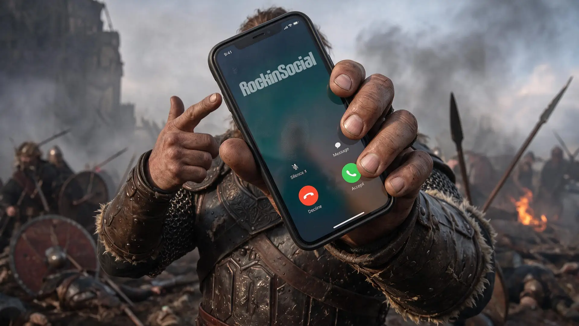 AI-generated Viking warrior on a battlefield holding a smartphone showing an incoming call from RockinSocial