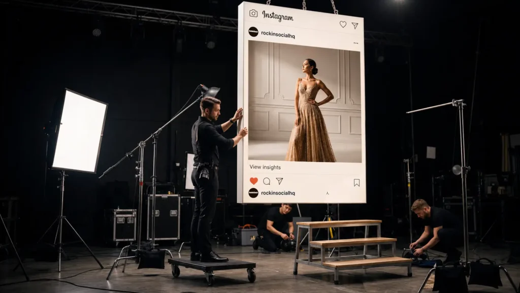 Photography crew adjusting a giant Instagram post frame around a model in a gold gown on a studio set