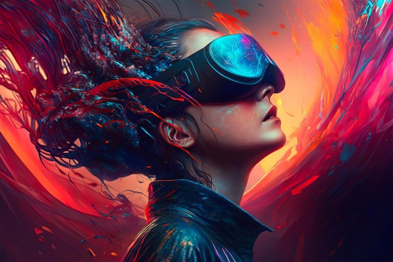 A person wearing a virtual reality headset is surrounded by vibrant, abstract colors and digital effects, suggesting immersion in a virtual reality experience akin to innovative social media design.