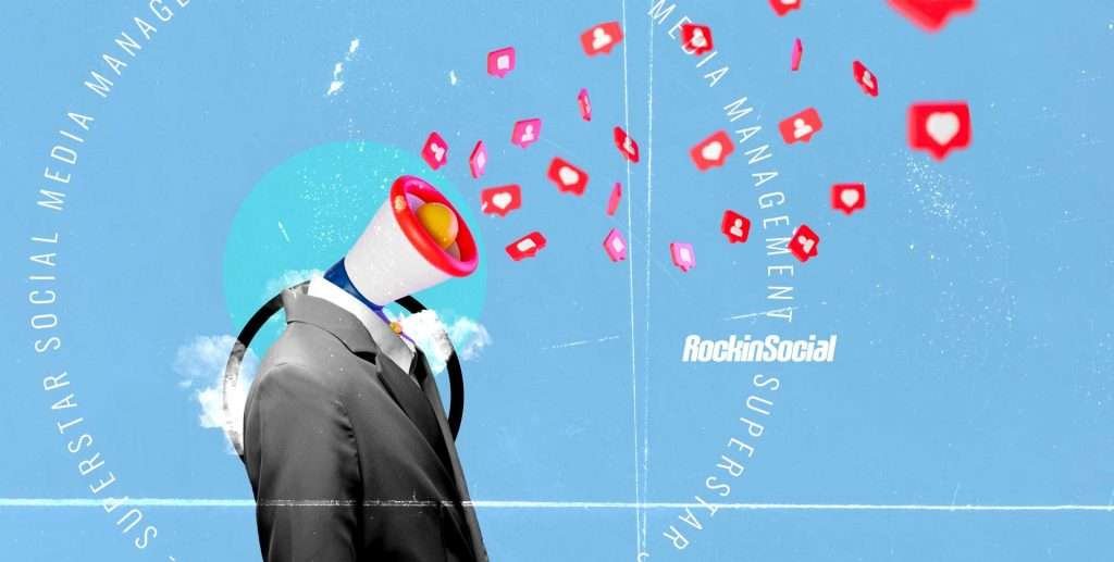 A person with a megaphone for a head, wearing a suit, is surrounded by floating social media interaction icons on a blue background with text reading "Superstar Social Media Management" and "RockinSocial", showcasing expert social media design.