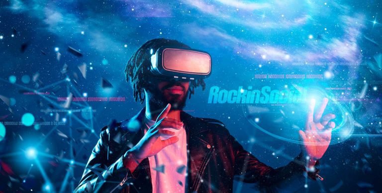 A person wearing a VR headset interacts with a virtual environment that has a cosmic and futuristic background, complete with social media design elements, text, and graphics floating around.