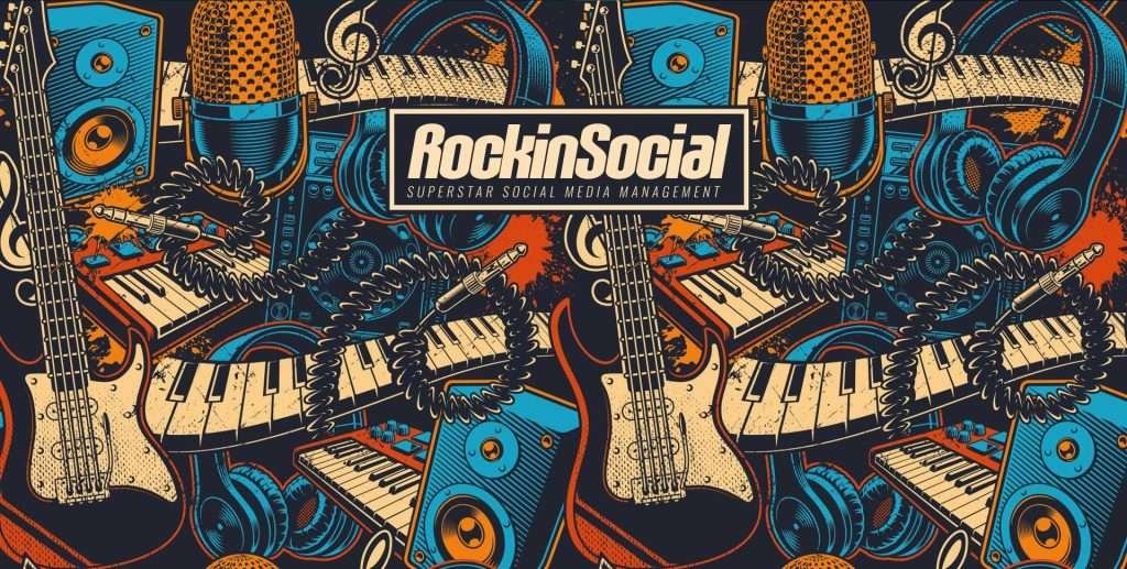 A colorful illustrated collage featuring various musical instruments and equipment, including guitars, keyboards, microphones, and headsets. The text "RockinSocial Superstar Social Media Management" is centered, emphasizing expert social media branding.