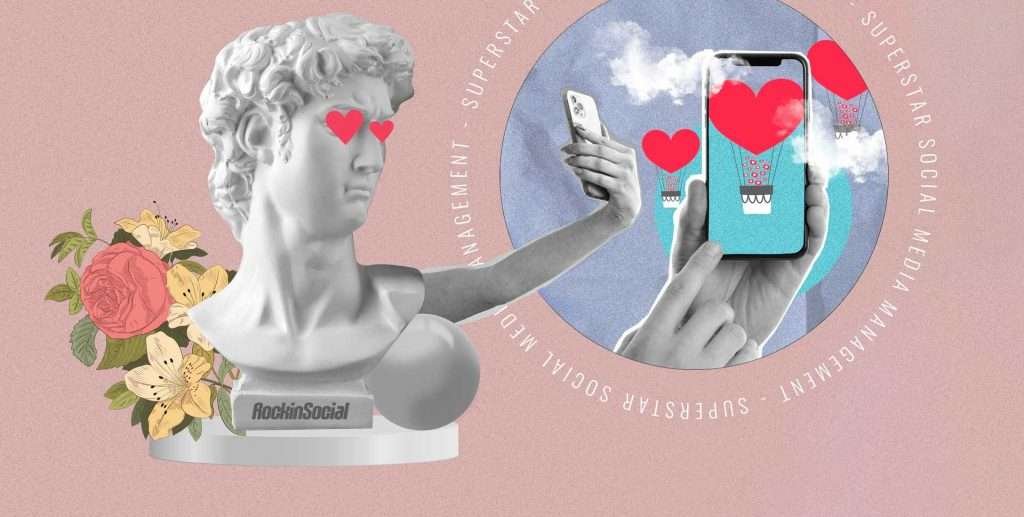 A statue takes a selfie with a phone showing heart icons, surrounded by flowers and text reading "Superstar Social Media Design and Management.