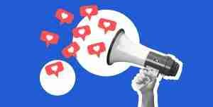 A hand holding a megaphone labeled "RockinSocial," emitting several chat bubbles with heart icons against a blue and white background, exemplifying modern social media design.