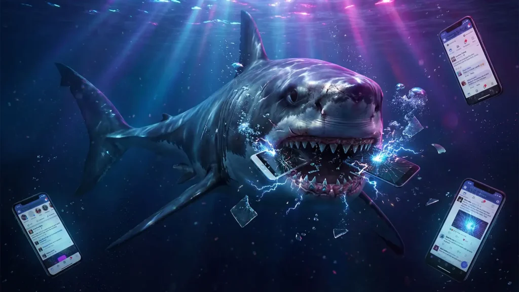 A great white shark biting through smartphones displaying social media posts underwater