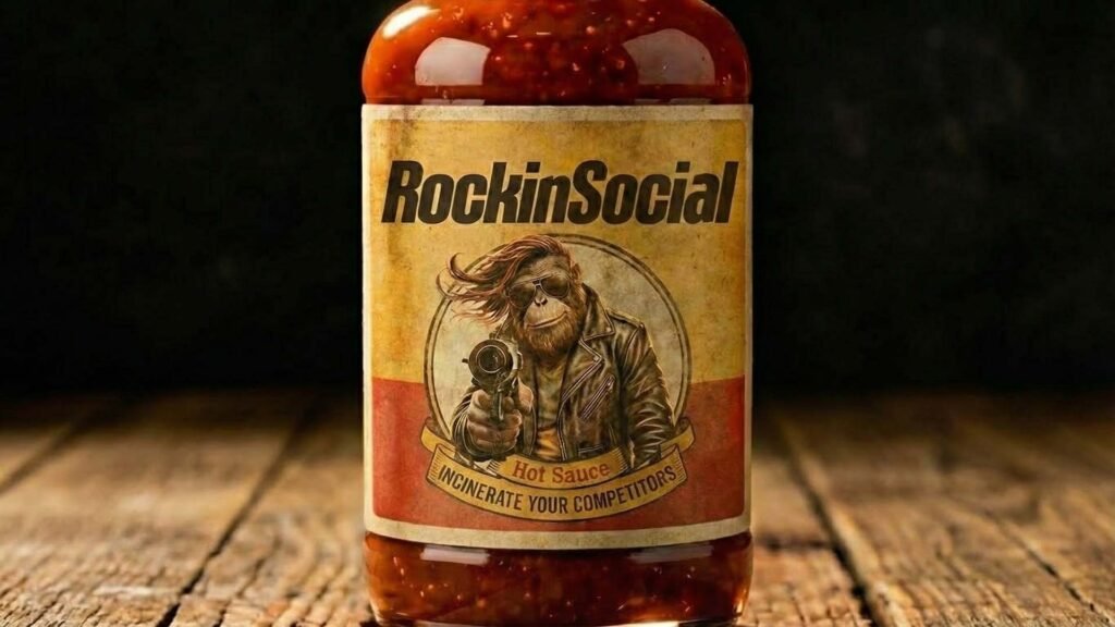 Mock RockinSocial branded hot sauce bottle labelled Incinerate your competitors