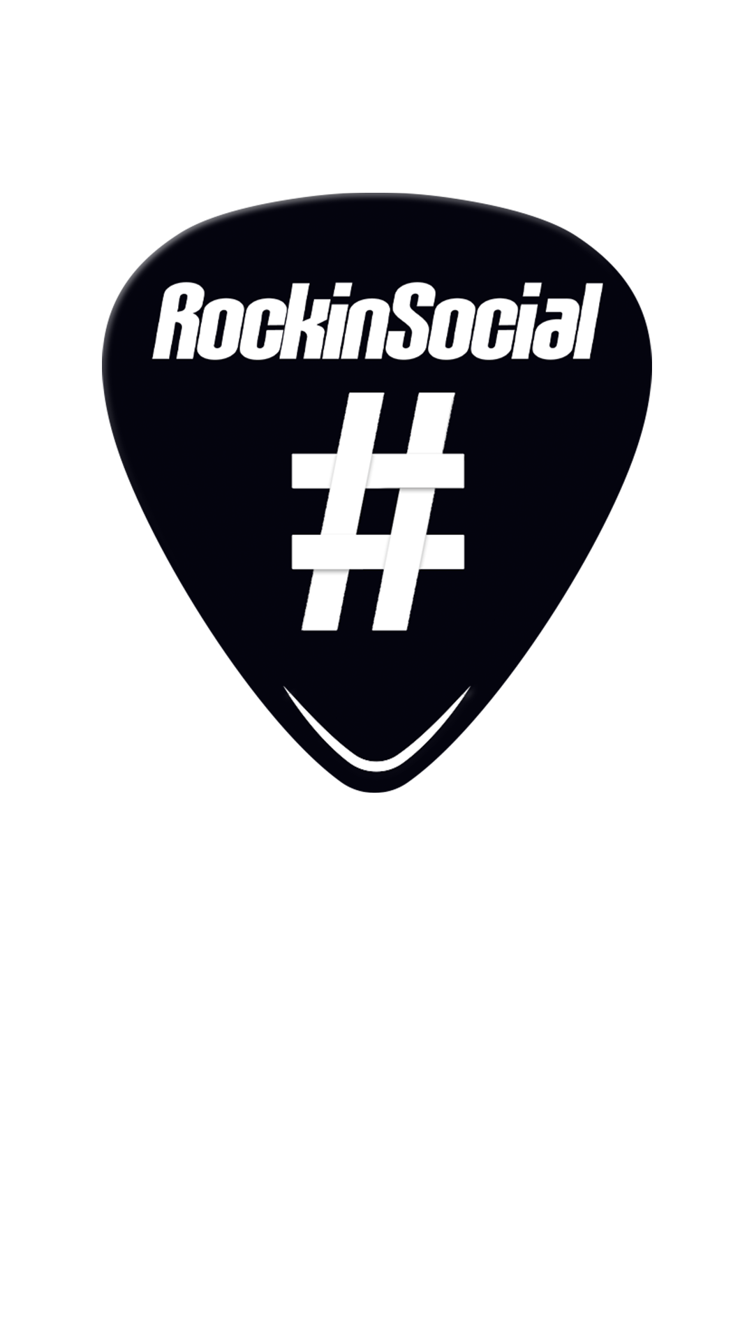 RockinSocial logo on a black guitar pick with a hashtag symbol