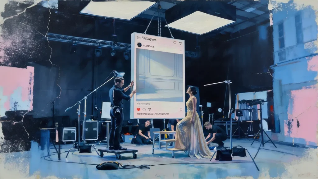 Wide shot of a photography studio set with a giant Instagram post frame and a model in a gold gown