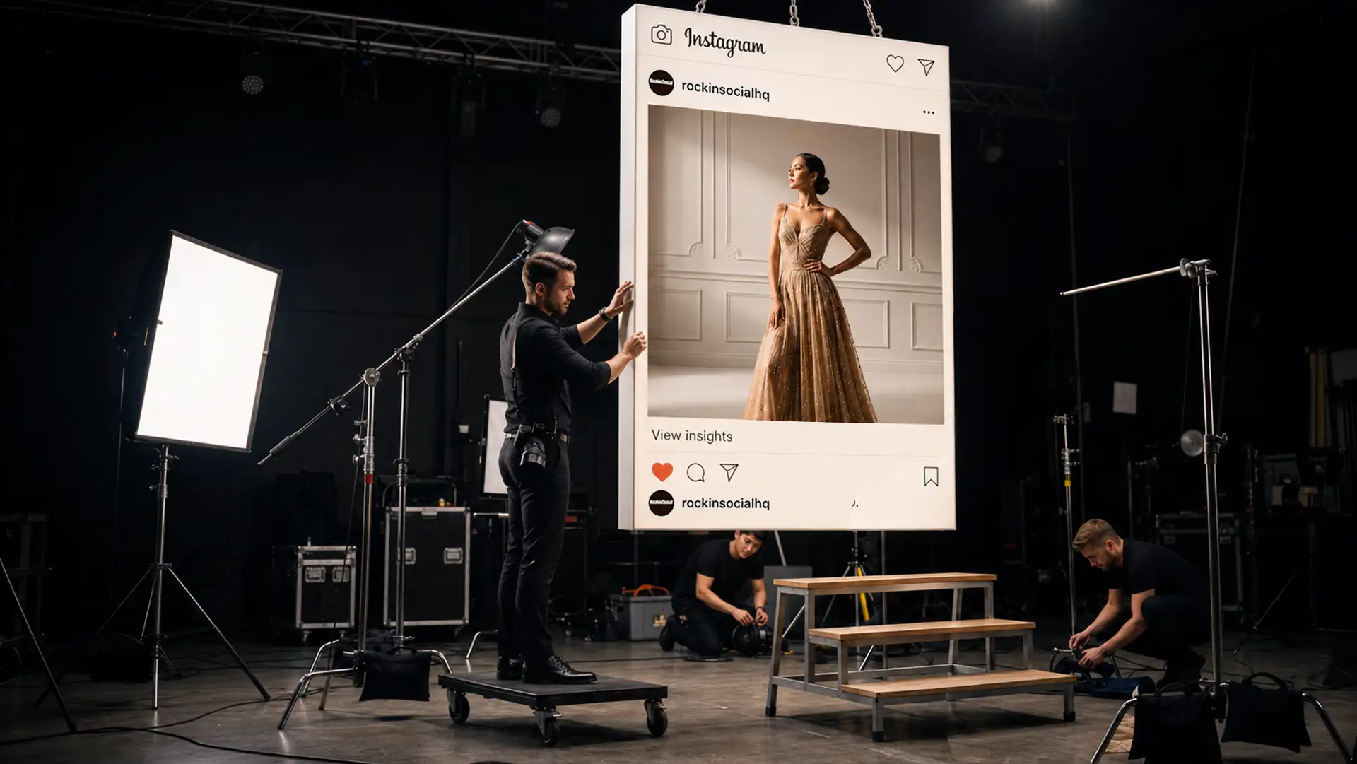 Photography crew adjusting a giant Instagram post frame around a model in a gold gown on a studio set